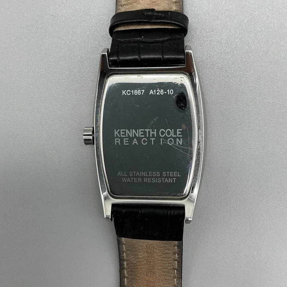 Kenneth Cole Reaction Men Watch 35mm Silver Tone Leather Date KC1667 New Battery